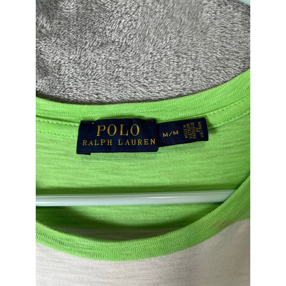 Polo Ralph Lauren Stripe T Shirt Dress Neon Green White Pocket Women's Medium - Picture 5 of 6